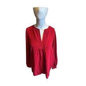 Loft Blouse For Women Tunic Style Long Sleeves Deep V Neck Sz S Red